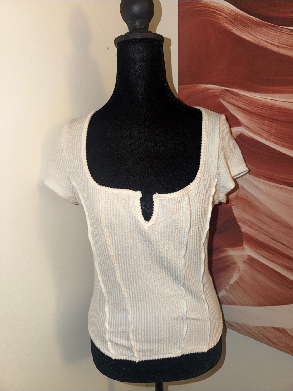 Source Unknown Cream Knit Scoop Notch Short Sleeve Top